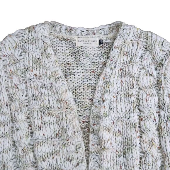 Sage & Flower Cardigan Sweater Sz L XL BEIGE Cableknit Fringes Bohemian Coastal - Picture 11 of 16